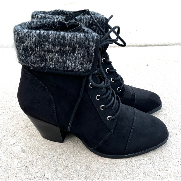 Torrid Sweater Cuff Black Vegan Leather Ankle Heeled Boots Booties - Picture 2 of 8